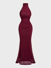 魅力优雅别致的露背修身纯色派对性感连衣裙，女士优雅派对礼服 - 酒紅色 - 查看 3