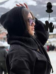 1pc Women's Drawstring Balaclava Solid Color Knit Hat, Neck Warmer Wool Detachable Hoodie, Casual Streetwear - Dharma Hat - View 6