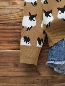Sheep Pattern Crew Neck Sweater, Casual Long Sleeve Sweater, Women - Light Brown - View 4