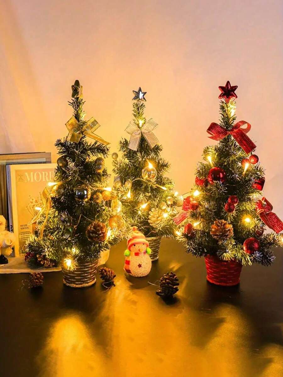 1 pièce Sapin de Noël de 40 cm, petit sapin de Noël artificiel avec 30 lumières à guirlande électrique, sapin de Noël de table avec pommes de pin et boules de Noël comme ornements pour les décorations de Noël et du Nouvel An