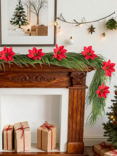 1 peça de 70,86 polegadas com poinsétia vermelha, decoração de flores de Natal, agulhas de pinheiro artificiais, plantas artificiais de plástico duráveis para decoração interna e externa, guirlanda artificial de pinheiro norueguês, decoração de casa de Natal, usada para decoração de guirlanda faça você mesmo, decoração de árvore de Natal, decoração de mesa de Natal, varanda, lareira, casamento, suprimentos para decoração de festas de fim de ano, sem necessidade de manutenção