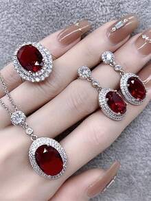 3pcs Set (Can Be Purchased Individually) - European & American Style Ruby Red Gemstone Earrings, Ring, Necklace, Elegant & Versatile Jewelry Set Suitable For Women's Daily, Festival, Party Wear, Gift For Girlfriend/Best Friend (Shipped Without Box Or Display Stand) - Red - View 1