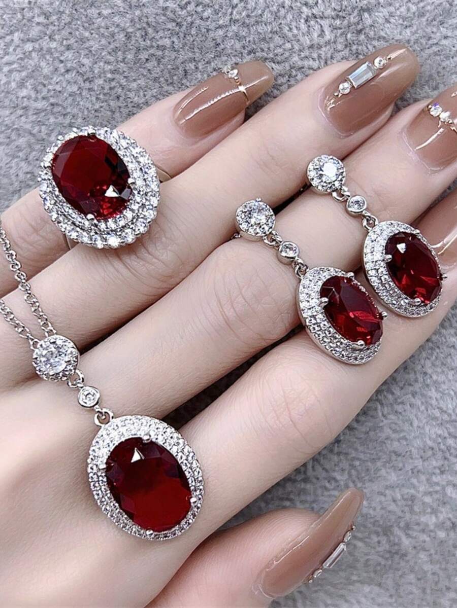 3pcs Set (Can Be Purchased Individually) - European & American Style Ruby Red Gemstone Earrings, Ring, Necklace, Elegant & Versatile Jewelry Set Suitable For Women's Daily, Festival, Party Wear, Gift For Girlfriend/Best Friend (Shipped Without Box Or Display Stand) - Red - View 1