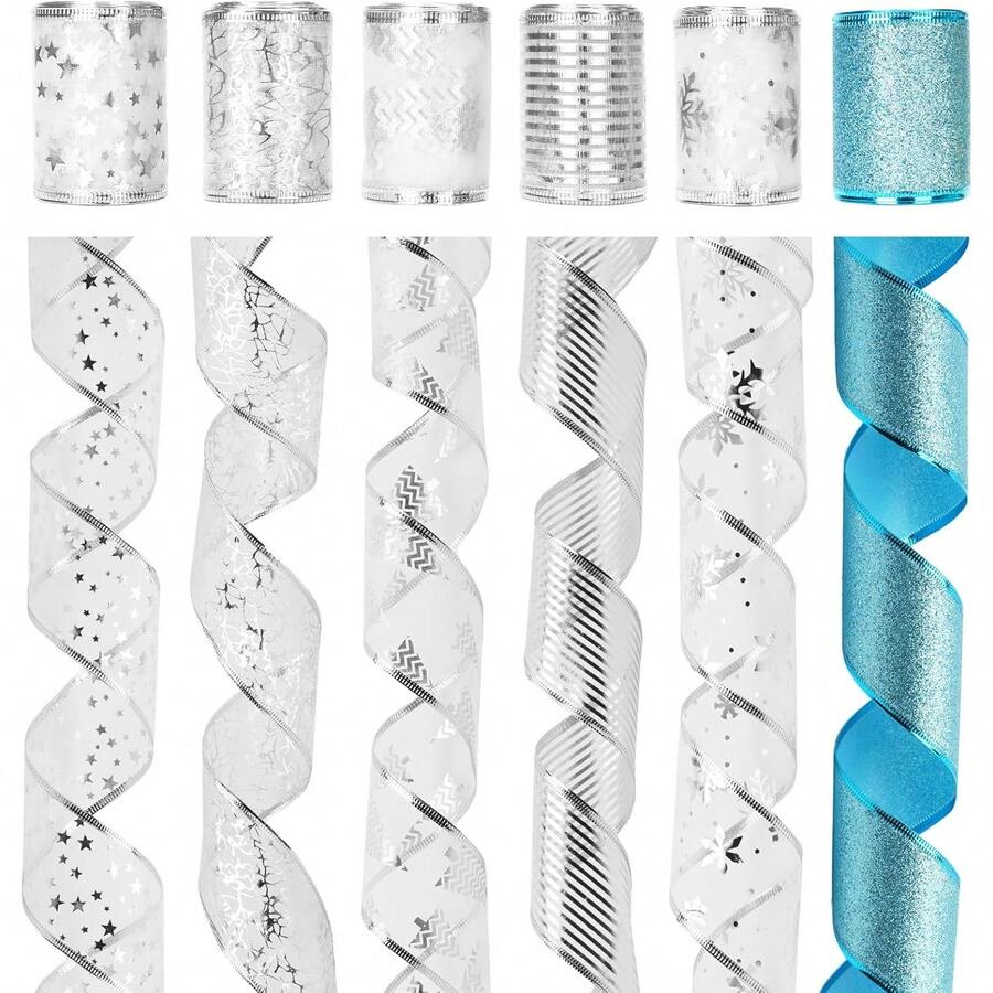 Christmas Wired Ribbon 30 Yards - 2.5 Inch Candy Cane Striped Burlap Ribbon For Wreaths, Gift Wrapping And Tree Decorations - Silver and Blue - View 1