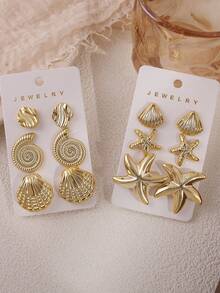 2/6/12 件时尚金属感夏日度假风海星、贝壳、海螺多元素耳环，女士时尚耳环，轻质 CCB 材质，适合日常佩戴 - 金色 - 查看 2