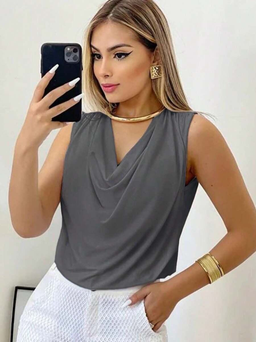 Women's Suplex Tank Top With A Simple Boba Collar For Summer - Dark Grey - View 1