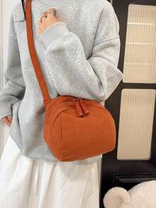 Tas Bahu/Tas Selempang Mini Corduroy Multi-Saku Portabel dengan Resleting, Modis, Kasual, Serbaguna, Cocok untuk Penggunaan Sehari-hari Wanita - Jeruk - View 2