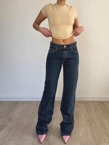 Y2K中腰直筒阔腿女牛仔裤牛仔原色休闲复古日常通勤显瘦百搭牛仔裤-秋季女装 - 單寧原色 - 查看 4