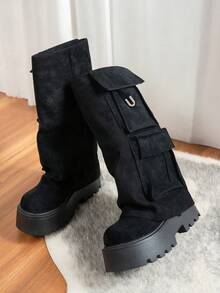 Bốt cổ ngắn hai túi kaki trang trí chữ U mới cho nữ, phù hợp với phong cách thời trang đường phố, bốt đế dày chống trượt, phong cách Punk phương Tây có khóa và khóa kéo bên hông, phù hợp mặc ở nhà - màu đen - Xem 3