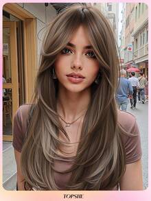 TOPSHE elegante braune mittelange gerade Perücken für Frauen - hochdichte 100% Rosennetzkappe, hitzebeständige synthetische Fasern, vielseitig stylingbar für alle Ethnien