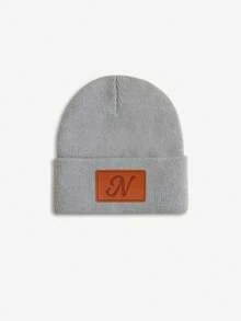 1pc Baby Leather Patch Vintage Letter Decor Grey Beanie, Choose From 26 Letters, Soft & Comfortable Unisex Infant Autumn/Winter Warm Hat, Suitable For Holidays, Birthdays, Daily Wear - Grey - View 23