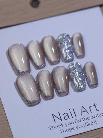 10pcs Ballet Short Khaki Cat's Eye Handmade Press On Nails Glossy Aurora Nail Rhinestone Charms And Silvery Glitter Nail Decoration Fake Nails Reusable Finished French Style For Ladies Daily And Party Use