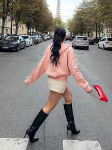 HoloChill Women's Casual Style Bow Tie Loose Fit Long Sleeve Hoodie Sweatshirt, Pink, 2025 Autumn/Winter New Arrival