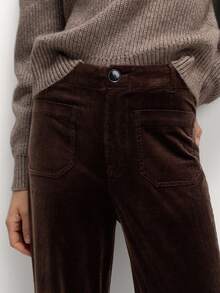 1pc Women Solid Color Corduroy Pocket Button Zipper Slim Fit Pants, Suitable For School, Vacation, Spring/Autumn/Winter - 摩卡棕 - 查看 7