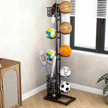 Ball Storage Rack Multi-Layer Basketball Organizer Rack With Basket And Hooks",Shelves - Black - View 1