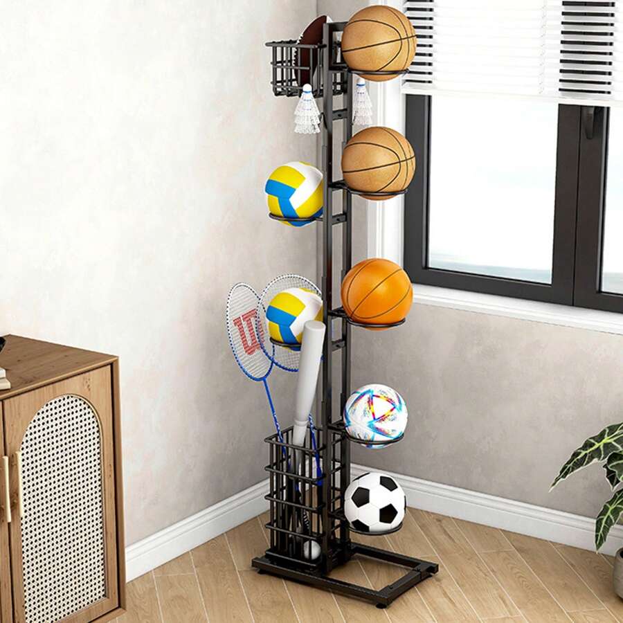 Ball Storage Rack Multi-Layer Basketball Organizer Rack With Basket And Hooks",Shelves - Black - View 1