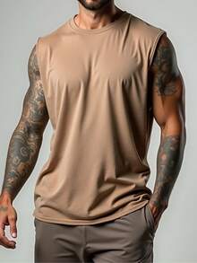 Men's Macho Tank Top, Low-Cut Bodybuilder Style, Workout Gym, 100% Premium Cotton - 棕色 - 查看 6