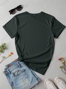 Camiseta femenina estilo casual gráfico floral estampado creativo tela suave ajuste holgado cuello redondo manga corta primavera-verano diario T-shirt - Verde militar - Ver 2