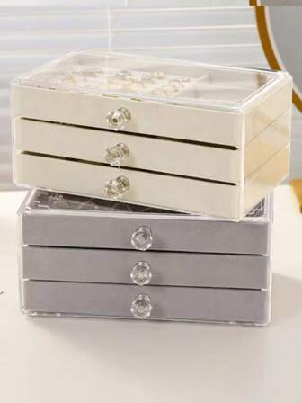 1 Set Stylish Thick 3-Drawer Acrylic Jewelry Box And Makeup Organizer, Perfect For Storing Earrings, Lipstick, Cosmetics, And Accessories, Ideal For Home Decor, Gift For Birthdays, Holidays, And Special Occasions, Enhance Your Vanity With Elegant Storage Solutions, Maximize Space And Keep Your Essentials Neatly Organized, Design For Fashion Enthusiasts, Easy To Clean, Perfect For Personal Use Or As A Thoughtful Gift For Friends And Family.