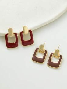 4Pcs/2Pcs Elegant Gold Brown Enamel Square Dangle Earrings, Enamel Hollow Drop Earrings For Women Daily Wear, Modern Geometric Statement Jewelry - Square Earrings - View 8
