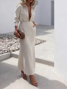 2 件套女士时尚休闲纽扣长袖上衣和全长裙子套装 - 塔灰色 - 查看 1