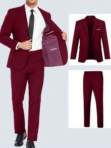 Furuyal 男士两件套优雅西装套装，男士绅士纯色双扣修身单排扣商务西装外套及裤子套装，适合舞会、派对、婚礼等场合，尽显绅士风范，酒红色，尺码 XS-3XL