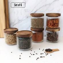 Mason Fable 12 Fl Oz 350ml Glass Food Storage Jars With Wood Lids 6pcs Stylish Ribbed Pattern For Kitchen Organization And Storage Containers For Spice Tea Coffee/Sugar - 12oz350ml6x - Xem 5