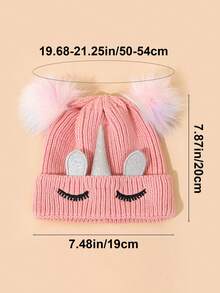 1 pieza Gorro de punto de unicolor para niños, gorro de bola doble de unicornio, adecuado para niñas de 6 a 8 años para uso diario en otoño e invierno - Multicolor - Ver 4