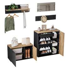 Wardrobe Set, Cabinet, Dresser, Mirror, 2 Shoe Racks, Without Decoration, Mirrored Wardrobe Panel, Coat Rack And 4 Hooks, Shoe Rack With Shoe Bench, Hallway With Storage Partition Wall - 天然+刨花板 - 查看 8