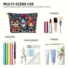 1 Bohemian Style Cat Pattern Cosmetic Bag - Bright Floral And Cat Design, Secure Zipper Closure, Lightweight Travel Cosmetic Bag, Multifunctional Toiletries And Accessories Storage Bag - Multicolor - View 4