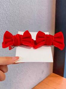 2pcs Girls' Elegant Cute Versatile Velvet 3D Bow Hair Clips - Red - View 1