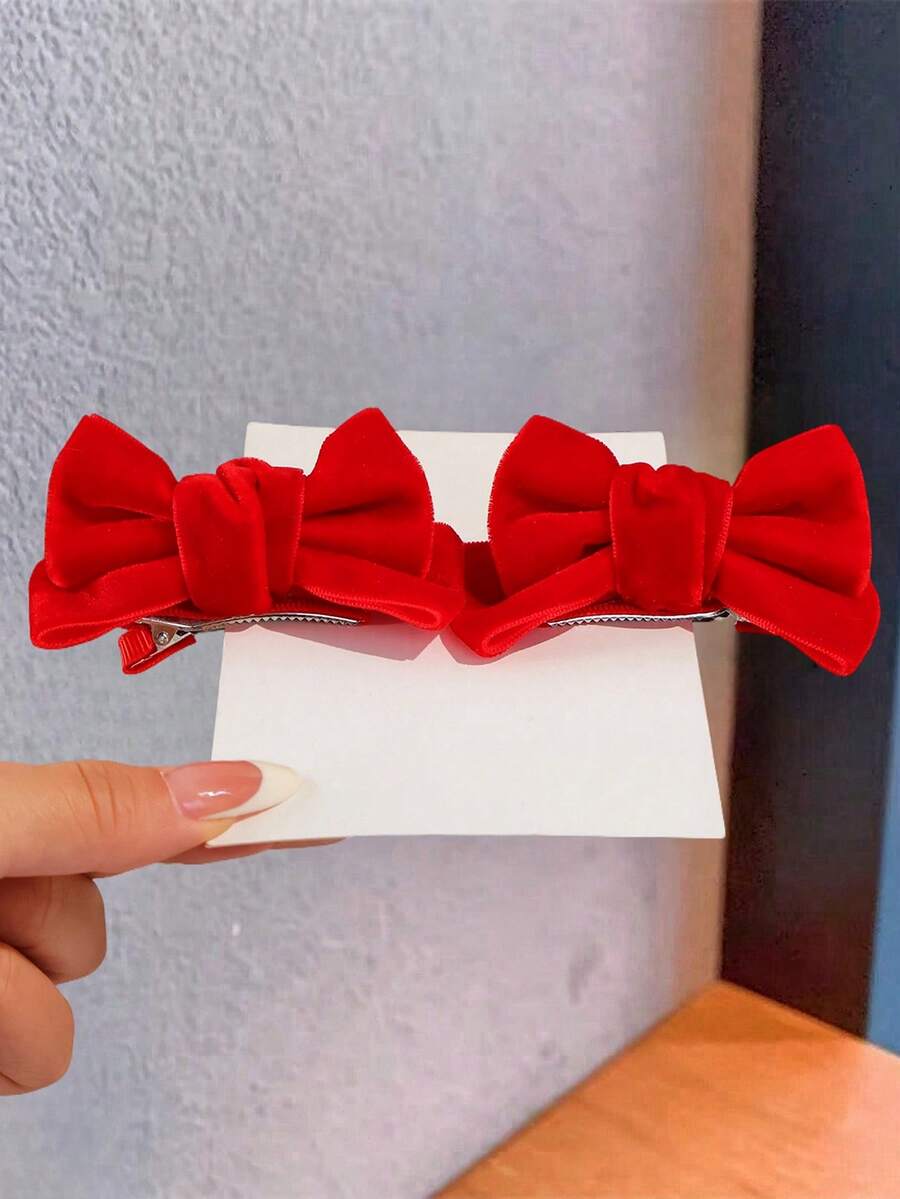 2pcs Girls' Elegant Cute Versatile Velvet 3D Bow Hair Clips - Red - View 1