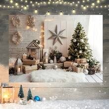1 Peça Pano de Bottom para Festa com Tema de Natal de Inverno, Árvore de Natal, Presentes, Estrelas, Cabana de Troncos, Padrão Decorativo de Lanternas, Adequado para Decorações Internas, Cabines Fotográficas, Salas de Estar, Quartos, Etc. Decoração de Bottom Festivo para Fotografia Banner de Vinil