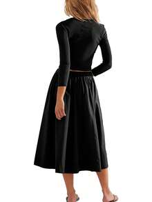 Women's Essential Casual Lightweight Three-Quarter Sleeve Knit Cardigan Elastic Waist Skirt Matching Two-Piece Set - 黑色 - 查看 4
