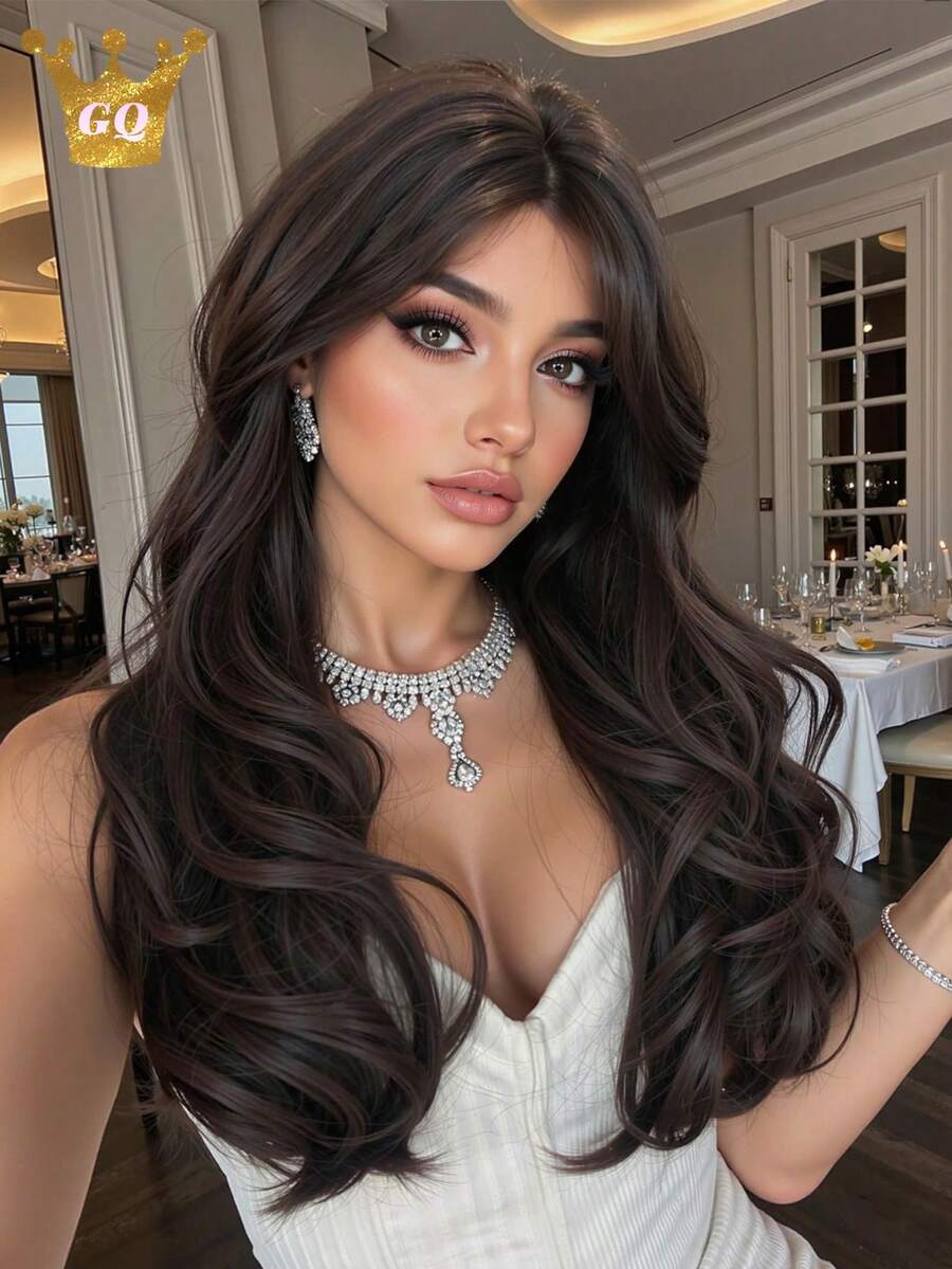 20 Inch Natural Curly Brown Wig, Medium Length Synthetic Heat-Resistant Wig, Inward Curl Design, Suitable For Women's Daily, Party, Work And Other Occasions - 黑棕色 - 查看 1