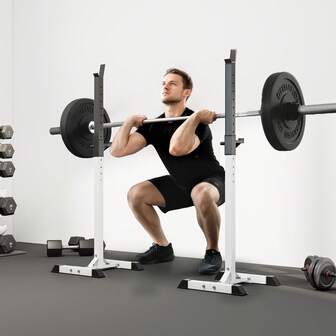 SOOZIER Adjustable Stable Power Squat Stand Portable 2 Bars Barbell Holder Weight Rack Black And White