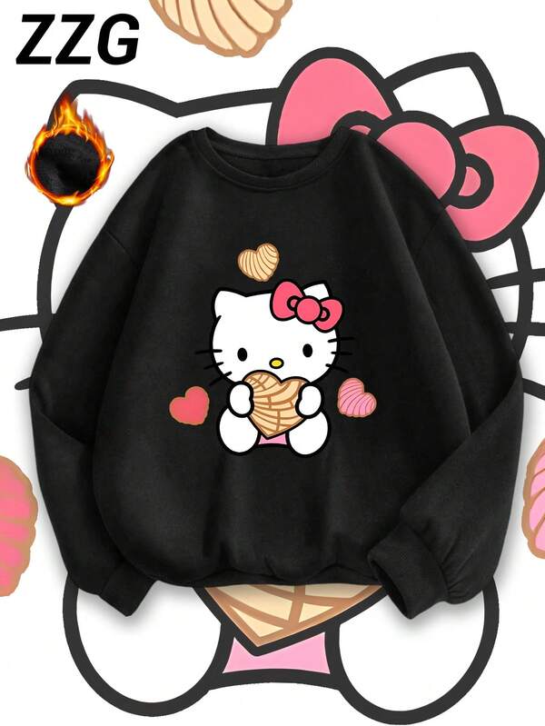 Sudadera con estampado de corazón personalizado y divertido de "Hello Kitty" de Sanrio para mujer, estilo coreano cómodo y retro, adecuado para uso diario, ocio al aire libre y ropa deportiva. Sudadera negra acolchada y gruesa de estilo punk regular, de cuello redondo y manga larga, con buen ajuste.