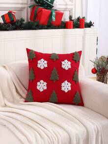 1 pieza Funda de cojín decorativa navideña, bordado de árbol de Navidad y copos de nieve en lienzo de terciopelo, decoración rústica para sala de estar, dormitorio, sofá, regalo navideño