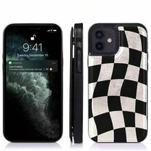 Wavy Checkered Flag Pattern Faux Leather Wallet Case For IPhone 17/16 Pro Max/15/14/13/12/11/ Galaxy Phone Cases|Slim Shockproof TPU With 3 Card Slots|Gift Idea- Replace Your Wallet - 黑色 - 查看 2