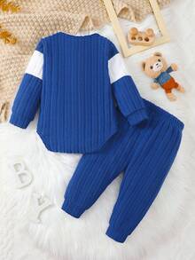 2pcs Set Baju Bayi Balita Lengan Panjang Bahan Fleece Motif Beruang Lucu, Sangat Lembut, Elastis, Minimalis & Nyaman, Untuk Bayi Laki-laki - Baby Blue - View 3