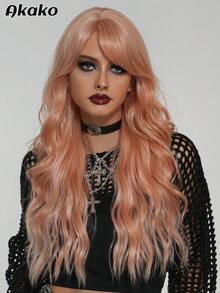 AKAKO 26 Inch Orange Pink Long Wavy Wig With Curtain Bangs, High Quality Heat-Resistant Fiber Synthetic Wave Curly Hair Wig, Gorgeous Goth Style Costume Wigs For Women Halloween Party Masquerade Ball,Music Festivals & Carnival Use