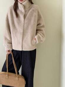 女士纯色仿毛皮高领外套，时尚休闲奢华秋冬女士大衣