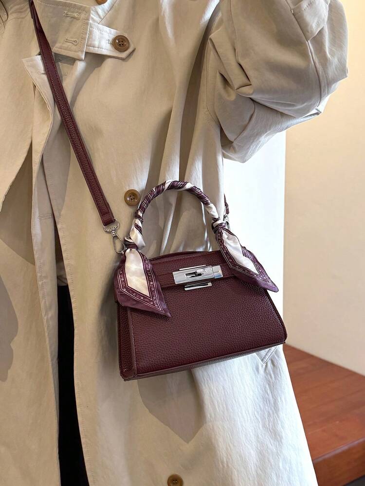 Burgundy Women's Handbag, Fashion High-End Shoulder Strap Design, Distinctive Scarf Decor Shoulder Bag, High-End Metal Decor Adjustable Shoulder Strap Crossbody Bag, Autumn/Winter , Burgundy Bag - Burgundy - View 2