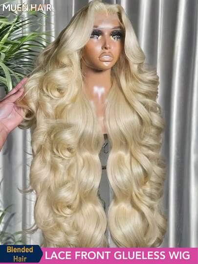 200% 密度 613# 13*4 蕾丝前假发，波浪卷金色假发，混合发量，200% 密度，预先拔毛，透明蕾丝，女士波浪卷发型，全包边，预先拔毛蕾丝假发，带婴儿发，外观自然