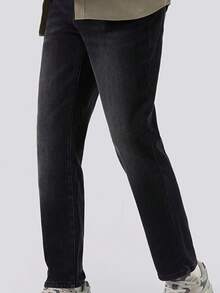 CAMEL CROWN 男士直筒牛仔裤男秋季新款修身弹力休闲阔腿裤美式高街 - 黑色 - 查看 1