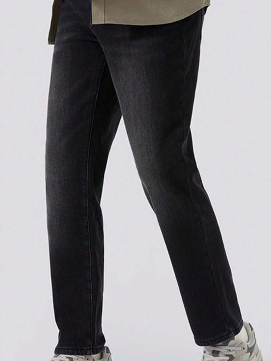 CAMEL CROWN 男士直筒牛仔裤男秋季新款修身弹力休闲阔腿裤美式高街 - 黑色 - 查看 1