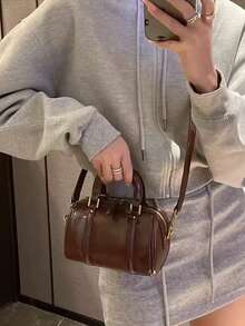 复古软皮枕头包，百搭时尚通勤手提包，适合日常使用，棕色圆柱形单肩包 - 棕色 - 查看 5