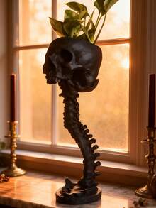 1pc Skull Planter And Spine Column Set, Resin Skull Planter, Halloween Human Skeleton Plant Pot For Home Office Desktop Decoration (Copper) - Multicolor - View 1