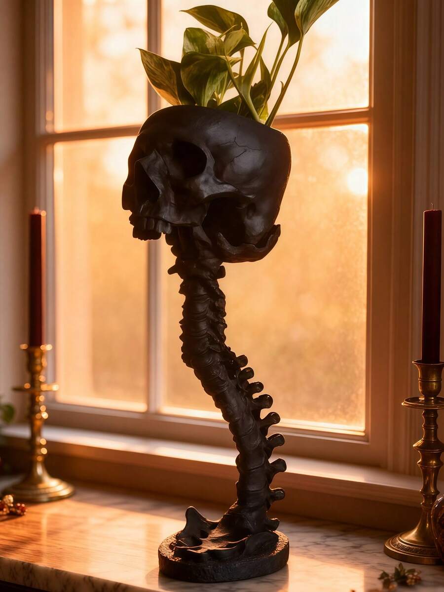 1pc Skull Planter And Spine Column Set, Resin Skull Planter, Halloween Human Skeleton Plant Pot For Home Office Desktop Decoration (Copper) - Multicolor - View 1
