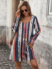 Vestido casual de mujer con cuello en V, mangas con volantes y estampado de rayas suelto